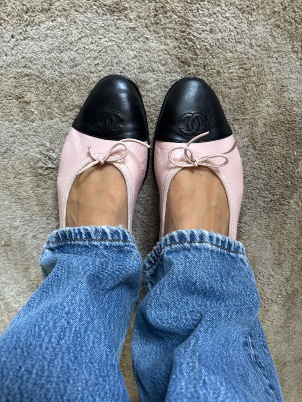 CHANEL Pink and Black Cap-Toe Leather Ballet Flats